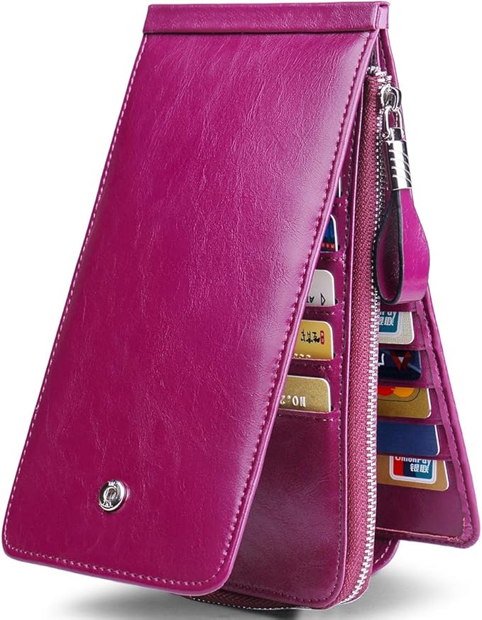 Women's Genuine Leather Credit Card Holder RFID Long Zipper Purse Wallet