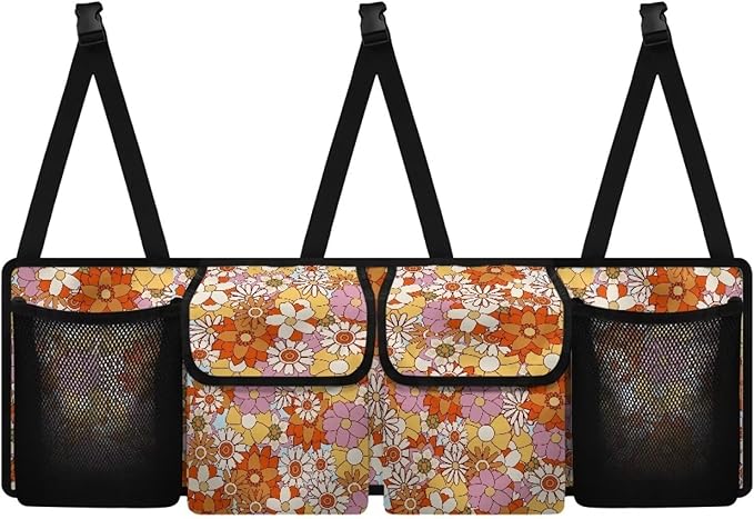 Hippie Flower Car Trunk Organizer,Backseat Hanging Large Storage with Adjustable Straps,Waterproof Collapsible Cargo Bag,Car Interior Accessories for Auto SUV