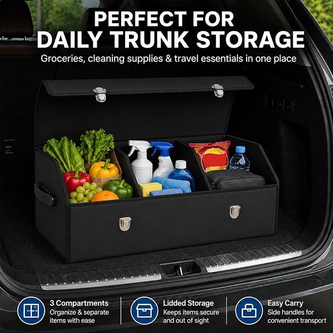 Car Trunk Organizer with Lid,Foldable Faux Leather Cargo Storage Box,3 Compartments,Collapsible Multi-Functional for SUV,Sedan,Vehicle Trunk, Black