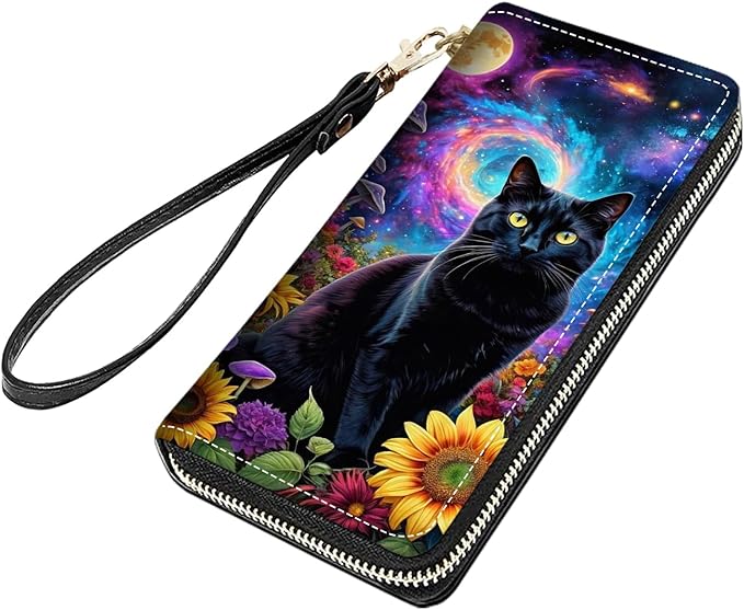 Black Cat Print Women Large Capacity PU Leather Zip Around Wallet, Multifunctional Clutch Purse for Cash/Card/Coin/Smart Phone