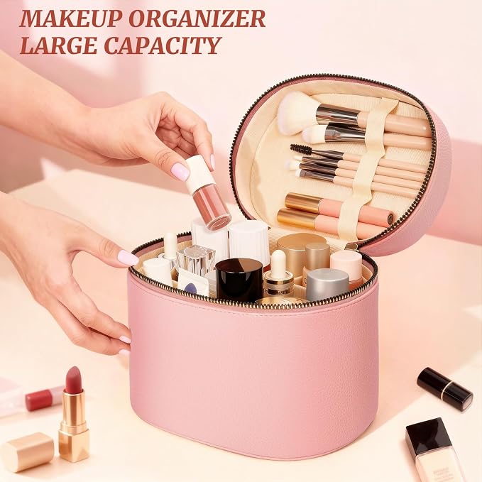 Makeup Bag Vanity Case for Women Leather Cosmetic Bag Makeup Organizer Case Portable Travel Toiletry Bag With Removable Compartments and Handle - Pink