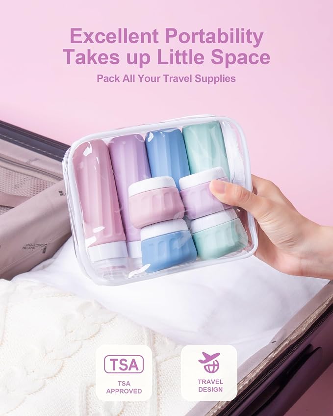 Mrsdry Travel Bottles for Toiletries 8 Pack, Travel Size Toiletries, Tsa Approved Travel Size Containers 3oz, with Travel Essentials Clear Bag, Leak Proof Silicone Squeezable Creams Jars