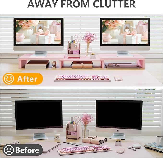 TAVR Dual Monitor Stand Riser, Computer Monitor Stands for 2 Monitors, Extra Long Multifunctional Desktop Organizer Riser for Computer, Laptop, PC, Printer, TV, Max 43.3" Length, Pink