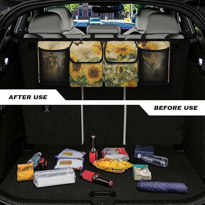 Yellow Sunflower Car Trunk Organizer, Backseat Hanging Large Storage with 4 Pockets & 3 Adjustable Straps Waterproof Cargo Bag Provides More Space for Groceries