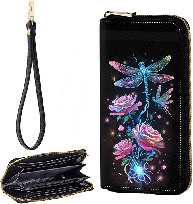 Zip Around Wallets for Women with Detachable Wrist Strap, Large Capacity RFID Blocking Leather Purse Organizer Card Holder Wristlet,Rose Dragonfly