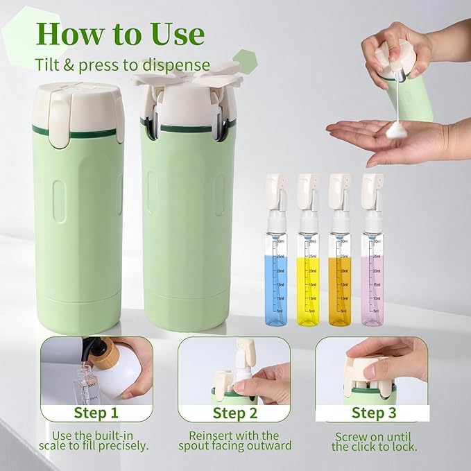 4 in 1 Travel Dispenser, Travel Bottles for Toiletries, Leak Proof Refillable Dispenser Set for Shampoo Conditioner Lotion Cream, Portable Containers for Travel, Camping & Gym (Green)