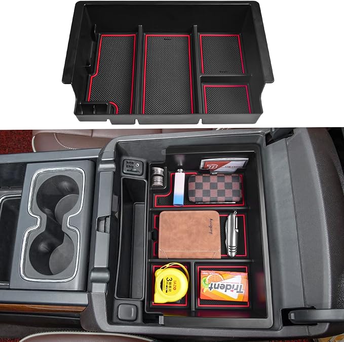 TACOBRO Full coverage Center Console Organizer Compatible with 2014-2018 GMC Sierra 1500 /Chevy Silverado 1500 Accessories 2015-2020 Yukon XL/Tahoe Suburban Insert Armrest Storage ABS Plastic, Red