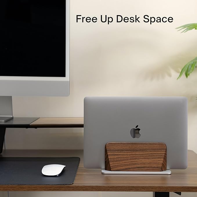 Vertical Laptop Stand, Solid Black Walnut Body & Silver Anodized Aluminum Base, Metal Laptop Holder Vertical for Desk - Adjustable Dock (0.47"-1.57" Width) Fits Most Laptops, MacBooks