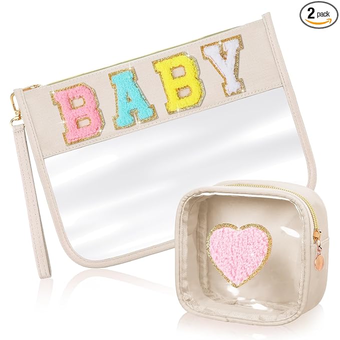 Hillban 2 Pcs Baby Bag Set Chenille Letter Bags Preppy Patch Makeup Pouch Baby Travel Pouch Waterproof Portable Toiletry Storage for Women Mom
