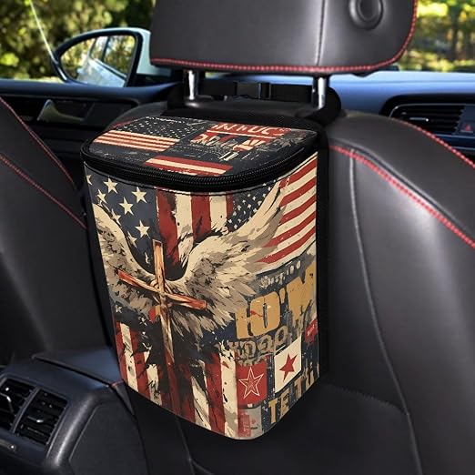 Biyejit American Flag Cross Car Trash Can with Lid - Leakproof Trash Bin Car Garbage Can, Collapsible Automotive Truck Organizer Storage Bag Cars Accessories for Women Men Road Trip Essentials