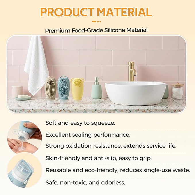 Silicone Travel Bottles for Toiletries, 3.4 oz Travel Bottles TSA Approved, Multifunctional Cleaning Travel Toiletry Bottles Set, Refillable and Leakproof Travel Squeeze Bottles