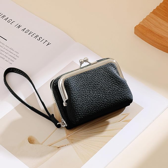 Women's Pebble Leather Wristlet Wallet, 2-in-1 Zip-Around Credit Card Holder with Kiss Lock Coin Purse, Cute Change Purse with Secure Clasp & Card Slots (Charcoal Black, Small)