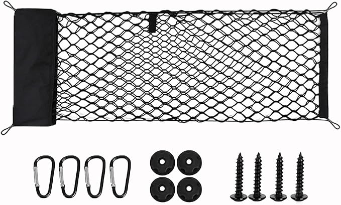 110x40CM Trunk Cargo Net Large Heavy-Duty Automotive Storage Bag | Elastic Trunk Storage Mesh Organizer Foldable Automotive Cargo Net Mounting Screws Universal for SUV Truck Van Sedan