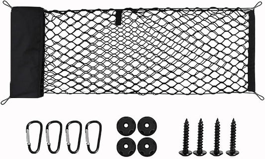 110x40CM Trunk Cargo Net Large Heavy-Duty Automotive Storage Bag | Elastic Trunk Storage Mesh Organizer Foldable Automotive Cargo Net Mounting Screws Universal for SUV Truck Van Sedan