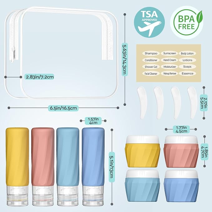 Silevoler 14pack Travel Bottles for Toiletries, TSA Approved Travel Size Toiletries Containers Set, Premium Silicone Leak Proof Refillable Bottles & Creams Jars Accessories Kit W/Clear Bag (Bright)