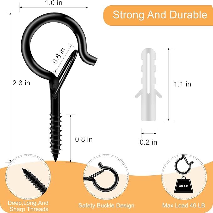 Black Screw Hooks with Safety Lock 2.3" Rustproof Metal Ceiling Hooks for Hanging Plants, Baskets,String Lights & Outdoor Decor, 40LB Capacity (40, Black)