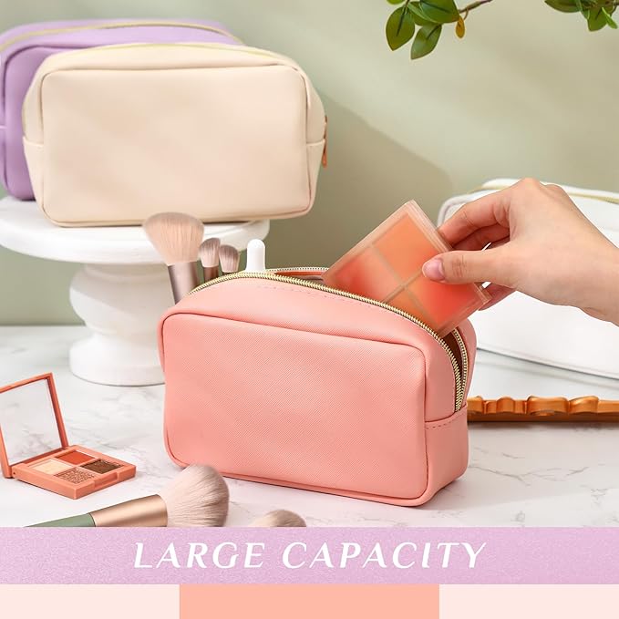 Sweetude 10 Pcs Makeup Bag Bulk for Women Preppy Gift PU Leather Cosmetic Bag Small Skincare Toiletry Pouch Mother Travel Cosmetic Pouch for Bridesmaid Bride Wedding Gift Favors (Pink and Purple)