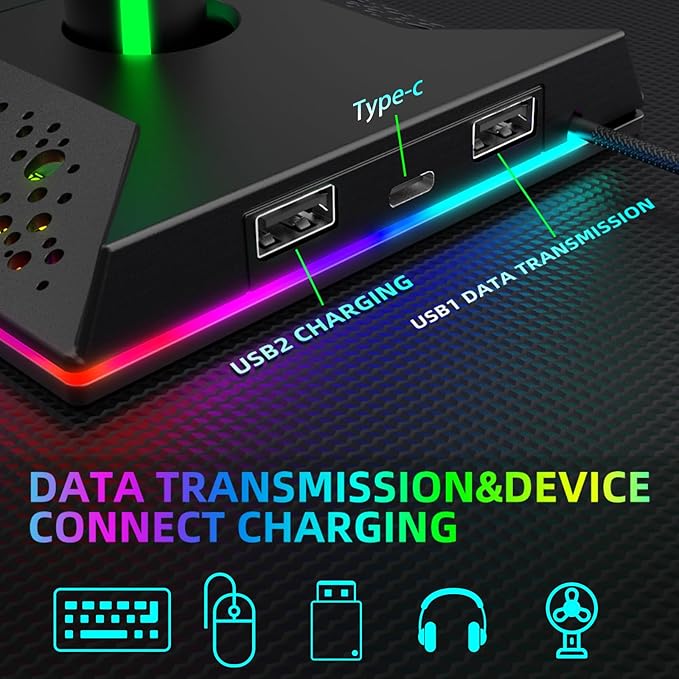 Gaming Headphone Stand PC Accessories - RGB Headset Stand with 2 USB and 1 Type-C Ports, LED Headphone Stand Gift for Boys Men, Computer Game Accessories for Desk