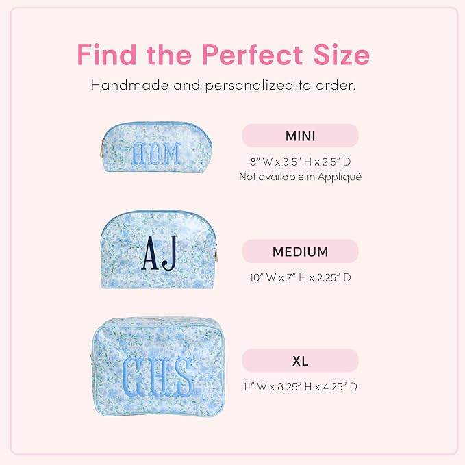 Personalized Clear Coated Pouch - Medium or Large Toiletry Bag with Embroidered or Applique Monogram, Custom Makeup or Travel Organizer, Easy-Clean Cosmetic Bag, Travel Gift for Women (Dahlia, XL)