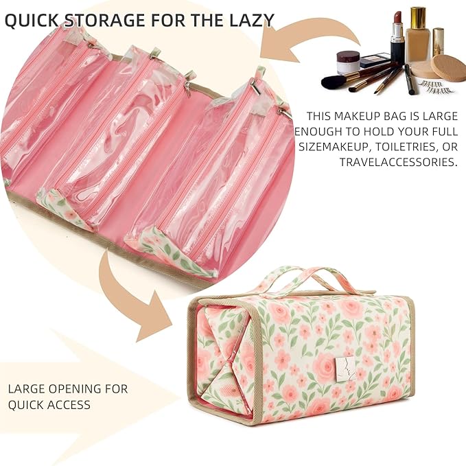ROYALFAIR Roll Up Makeup Bag, Travel Toiletry Bag for Women with 4 Clear TSA Approved Pouches, Hanging Travel Organizer, Folding Cosmetic Bag for Men and Women