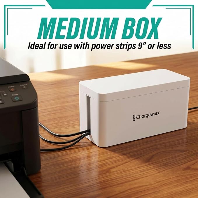ChargeWorx Cable-Management Box Set, 2 Pack Cord Organizer to Hide Power Strips and Surge Protectors, Desk and Floor Wire Concealer for Home Office, TV Area, White