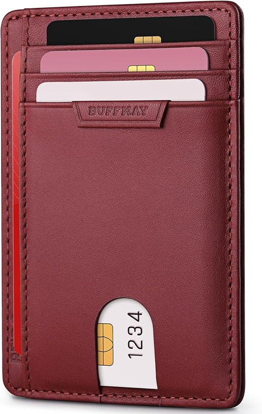 Buffway Slim Wallet for Men Women Minimalist Small Leather Front Pocket Wallets with RFID Blocking and Gifts Box - Bassa Mars Red