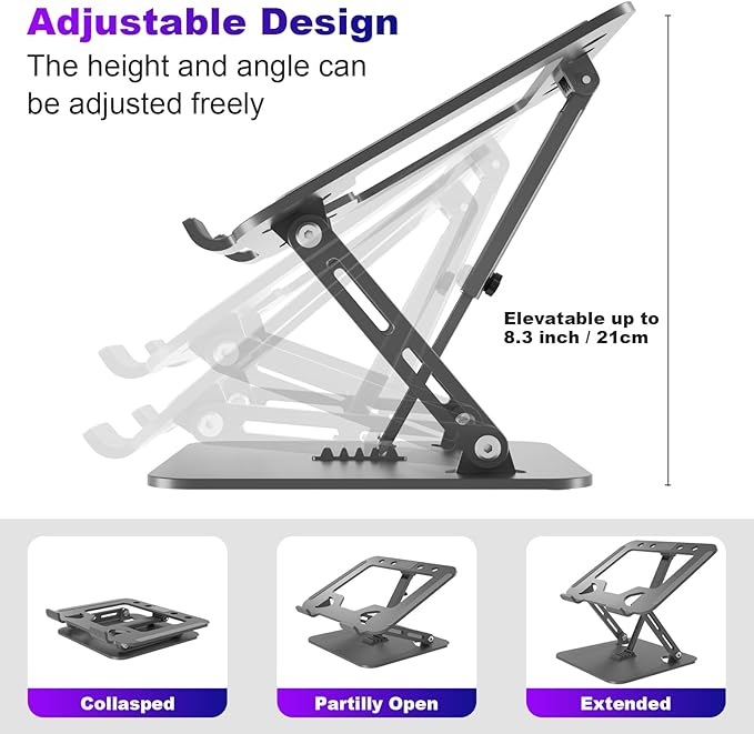 Adjustable Laptop Stand for Desk, Portable Laptop Riser with 3 Support Arms, Super Sturdy Foldable Metal Ventilated Ergonomic Notebook Holder for MacBook/Dell/HP (10-17.3'')