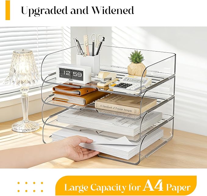 HIYOHIYO Clear Office Desk Organizer for A4 Letter Paper, 4 Tier Horizontal | Stackable | Large Capacity | Office Organization for File Folder | Desktop Paper Holder Workspace Organizer and Storage
