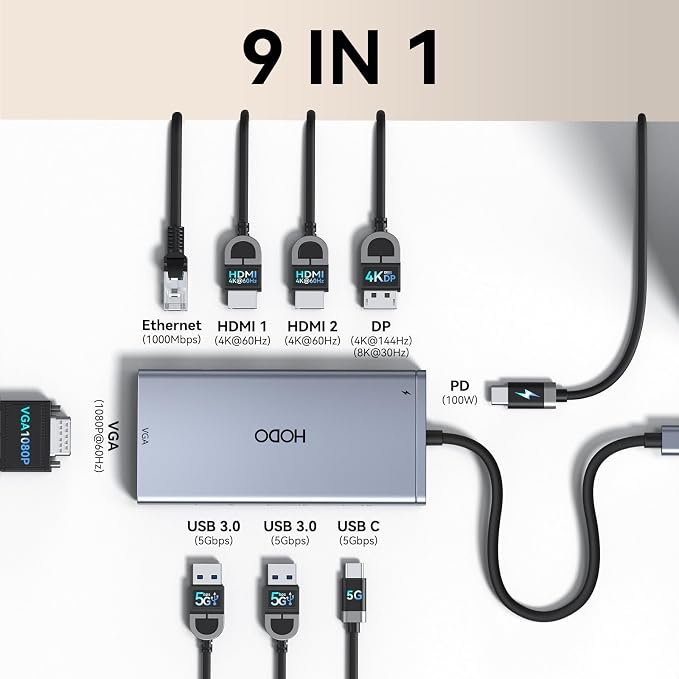 Laptop Docking Station 4 Monitors, 9 in 1 Docking Station Dual Monitor for Dell HP, USB C Docking Station 3 Monitor to 2 HDMI,DP,VGA,3 USB,PD,100W PD,Ethernet, USB C Hub Dock Adapter for Surface