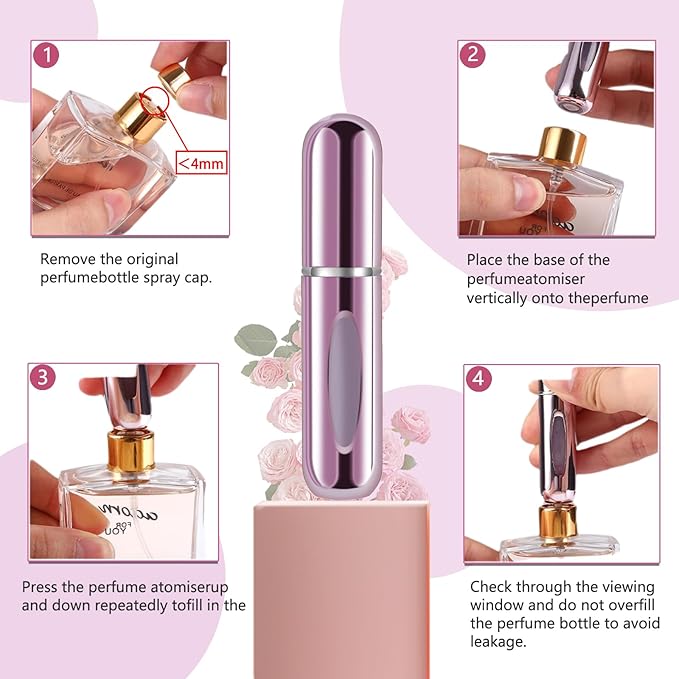 opasyo 5 Pcs Mini Refillable Perfume Portable Atomizer Bottle, 5ml Bottom-Fill Perfume Spray Scent Dispenser, Leak-Proof Travel Pump for Cologne, Aftershave & Purse (Silver/Pink/Gold/Blue/Black)