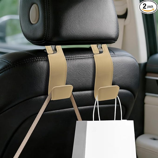2PCS Car Seat Headrest Hooks, Purse Hook for Car, Automotive Headrest Handbags Holder, Auto Accessories Leather Seatback Organizer Hanger for Hanging Purses Bags Coats (Beige, 2PCS)