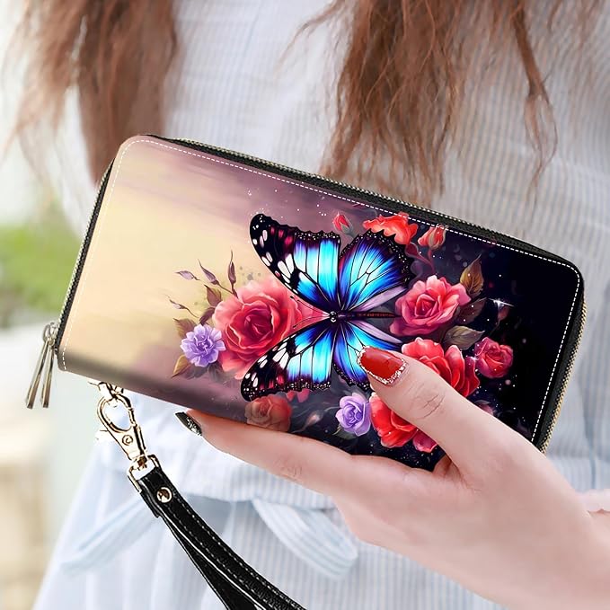 Women's Large Capacity Wallet PU Leather Double Zipper Clutch Purse Multifunctional Wallet with Removable Wristlet Strap for Smart Phone/Coin/Card/Cash, Flower Butterfly