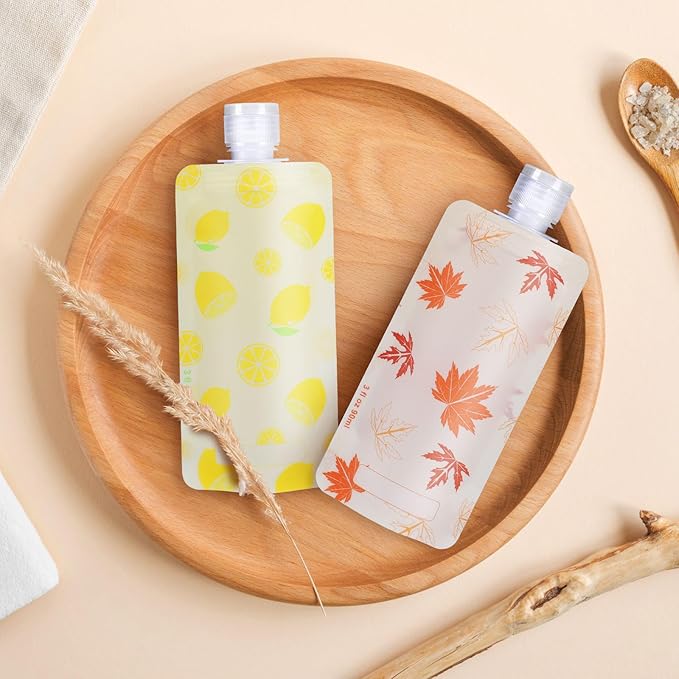 PACKISM 11 Pack Travel Pouches for Toiletries, 3 oz TSA Approved Liquid Containers, Leak Proof Squeeze Bags for Cruise & Camping, Space Saving Refillable Carriers, Active Yellow Lemon Red Maple Leaf