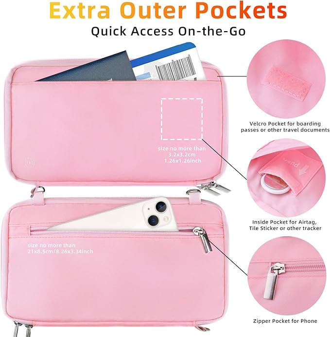 WALNEW RFID Family Passport Holder Wallet with Tracker/AirTag Holder, Travel Document Organizer Zipper Pouch with Wristlet and Cross Body Straps for Women Men