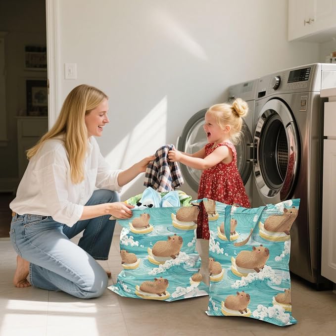 Travel Laundry Bags 2 PC Wet Dry Bag with Handle Dirty Clothes Organizer for Swimsuits Beach Camping Waterproof Washable Blue Capybaras on Duck Floats