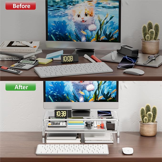 Egchi Acrylic Monitor Stand, 2 Tiers Clear Monitor Riser Computer Stand for Office, Home, Office, 5.12 Inches Hight PC Desk Stand for Keyboard Storage, Premium Platform for Laptop Printer TV Screen