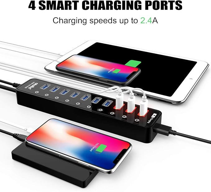 Powered USB 3.0 Hub, USB 3.0 Data Hub 11 Ports - 7 USB 3.0 Data Ports + 4 Smart Charging Port with Individual On/Off Switches and 12V/4A Power Adapter USB Hub 3.0 Splitter
