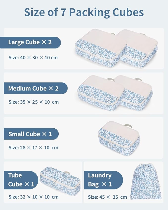 Narwey 7 Set Floral Packing Cubes for Travel Carry on Suitcase Luggage Organizer Bags for Kids Women Men, Durable Packing Organizers Bag, Travel Essentials Accessories (Blue Flower)