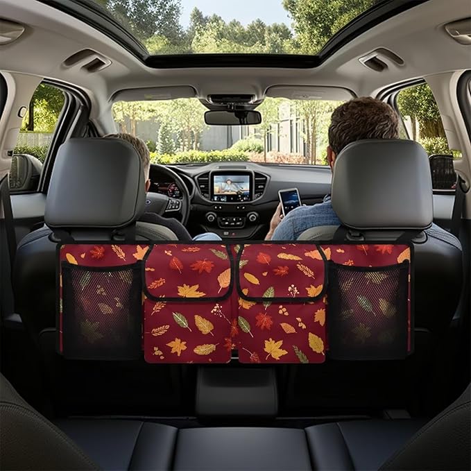 Car Trunk Organizer Thanksgiving Maple Leaves Prints Hanging Car Back Seat Storage Bag with 4 Large Pockets Multipurpose Collapsible Storage Bag Automotive Interior Accessories