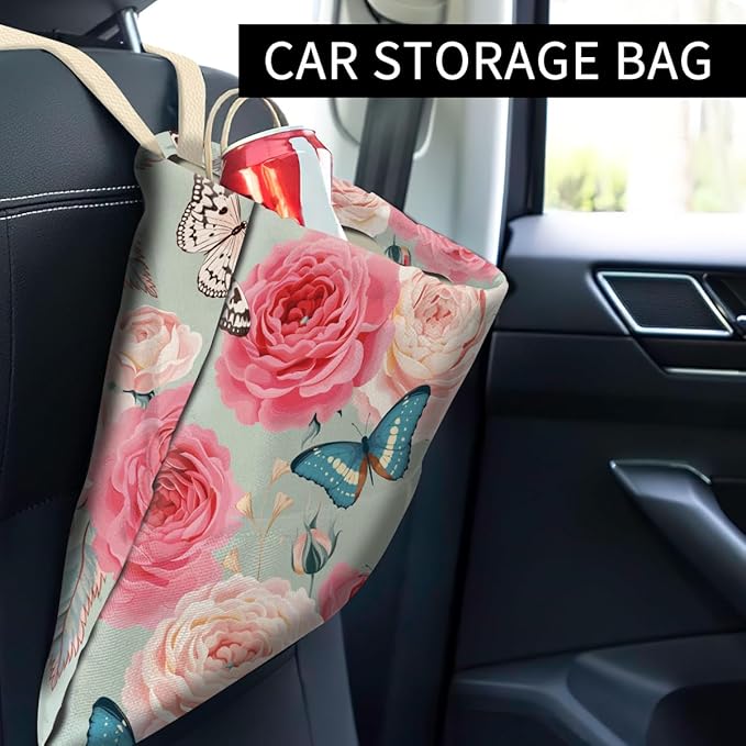Car Trash Can, Cute Car Trash Bag, Hanging Car Organizer and Storage Bag, Trash Bin for Car Accessories, Vehicle, Travelling, Camping Cute Flower and Butterfly