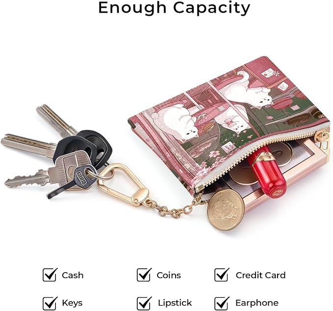 Cute Japanese Cats Keychain Coin Purse for Women, Small PU Leather Change Pouch, Zipper Little Tiny Travel Wallet for Girls, Cute Kawaii Zip Pocket Coin Holder with Key Ring