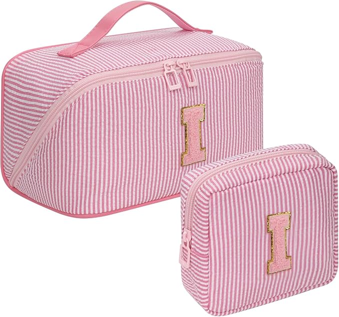 2026 Graduation Gifts - Travel Makeup Bag for Women, 2Pcs Portable Personalized Initial Makeup Organizer Bag, Open Flat Large Cosmetic Bag With Travel Essential Pouch (Pink Letter I)