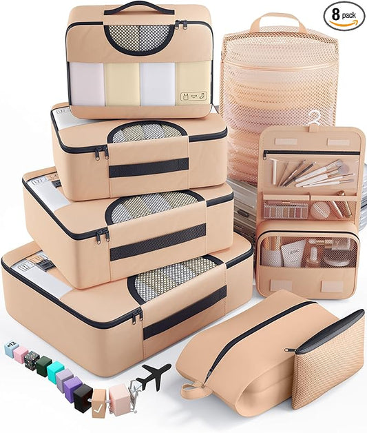 Veken 8 Set Packing Cubes for Travel Essentials, Suitcase Organizer Bags in 4 Sizes, Carry-On Luggage Accessories with Large Laundry & Hanging Toiletry Bag, Must-Have for Airplane, Road Trip & Camping