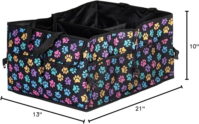 GreaterGood Collapsible Paw Print Car Trunk Organizer with 6 Pockets Truck SUV and Sedan Caddy With Compartment Vehicle Storage Container (Argyle Paws)