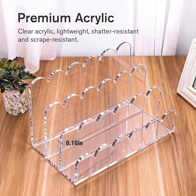 3 Compartments Acrylic Mail Organizer, Vertical File Sorter & Scalloped Desk Organizer for Letters, Envelopes, Bills, Stationery, Mail Holder for Office and Home