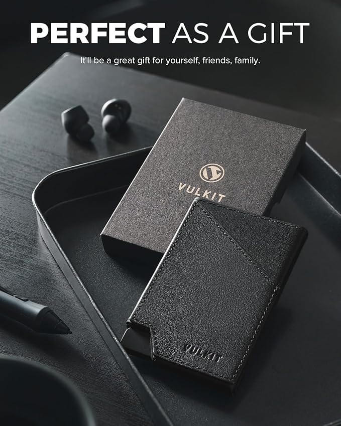 VULKIT Pop up Card Wallet Top-Grain Genuine Leather RFID Blocking Slim Aluminum Metal Bank Card Holder Case with Business Money Pocket for Credit Cards Notes and Coins Black