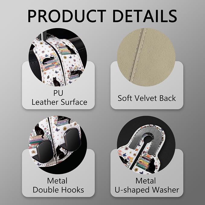 Blusabaca 2PCS Car Hooks for Purses Bags, Book Lover Bookish Black Cat Seat Back Storage Headrest Holder Hanger PU Leather Double Metal Backseat Organizer, Women Car Accessories Organization
