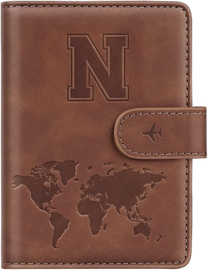 Passport Holder Wallet Cover Personalized Letter A-Z Travel Wallet RFID Blocking Passport Cover Wallet Case for Travel Passport Book Holders for Women and Men, Brown-N