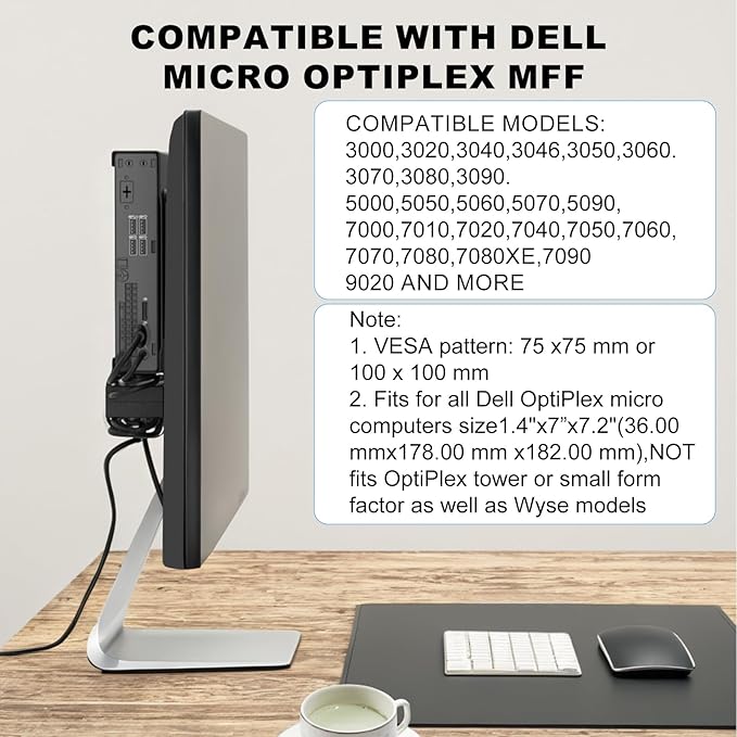 Mini PC Mount for Dell OptiPlex Micro Form Factor Case, Wall VESA and Under Desk Mount Fits DELL Micro PRO,Plus MFF QCM1250,3040,3046,3050,3060,3070,3080,5050,5060,5070,7040,7050,7060, 7070 and More