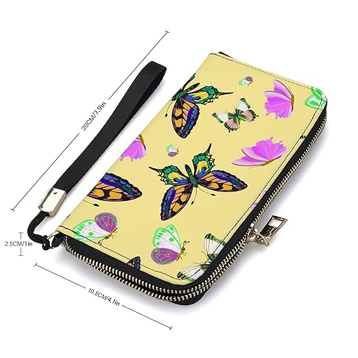 Clutch Wallet Holder for Women Men Colorful Butterflies with Wings Flying Flowers Portable Accordion Zipper Credit Card Storage Bag Waterproof Purse Leather Wallet for Travel Work Shopping